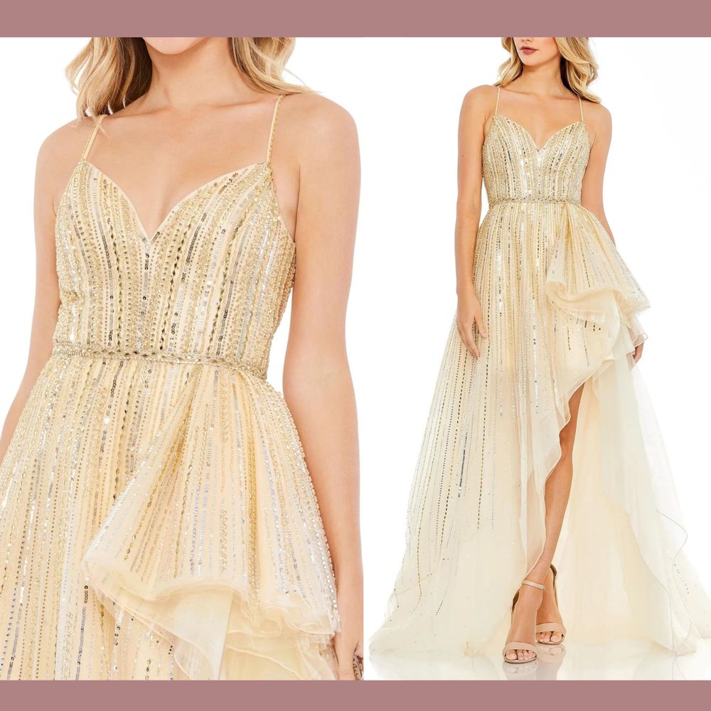 Nwt $798 Mac Duggal [ 6 ] Embellished Sleeveless Draped A Line Gown Gold #G1674